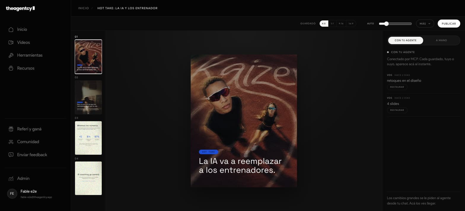 Una pieza social abierta en el editor de The Agentcy
