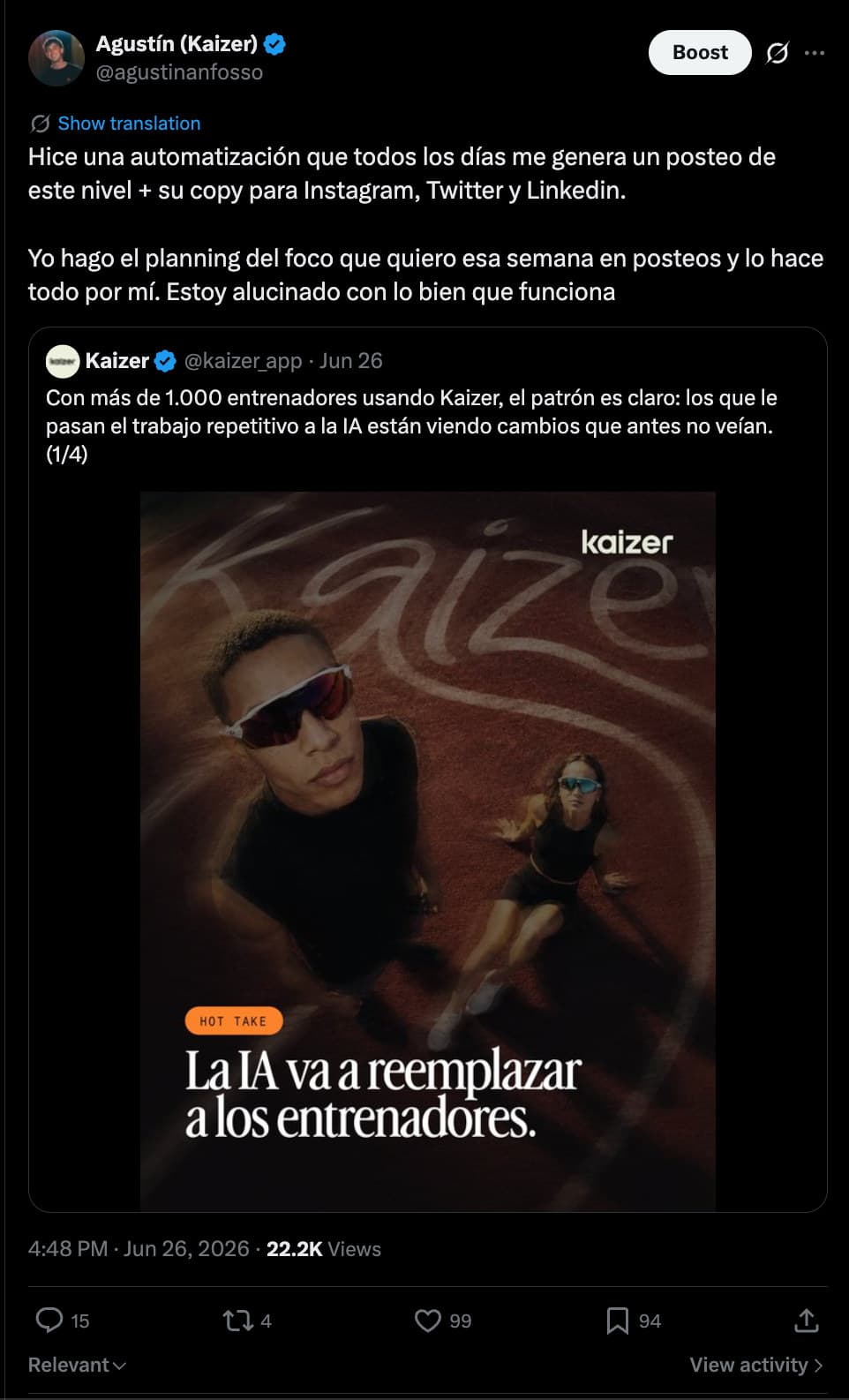 Posteo de Agustín Anfosso en X contando que automatizó un posteo diario con su copy para Instagram, X y LinkedIn, citando un carrusel publicado por Kaizer.