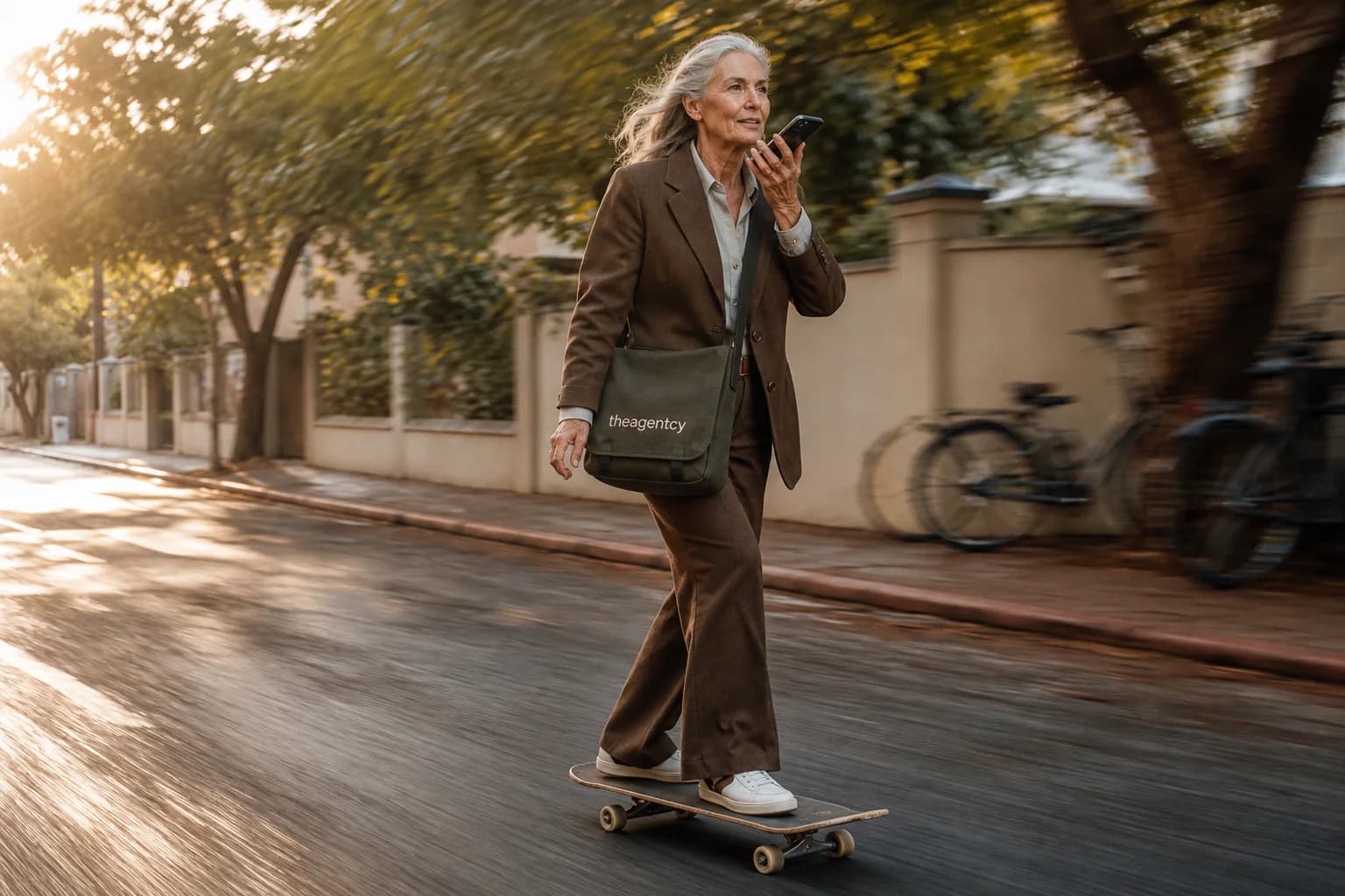 Una mujer de traje anda en skate mientras le dicta a su teléfono.
