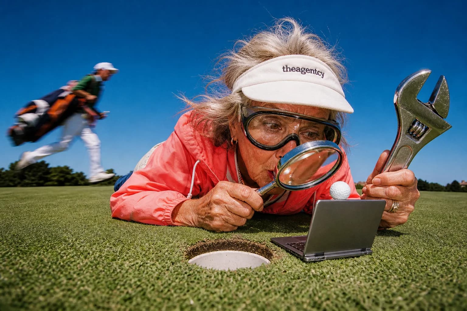 Mujer mayor con visor y antiparras usando una lupa y una llave inglesa para revisar una notebook sobre un green de golf.